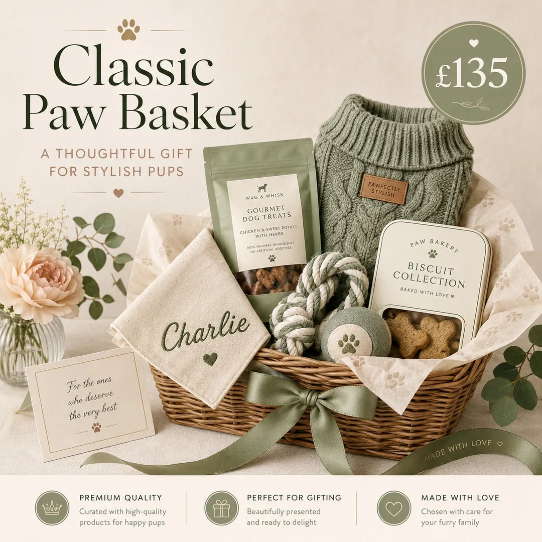 Classic Paw Basket - a jumper, gourmet treats, biscuits and a personalised bandana in a wicker basket