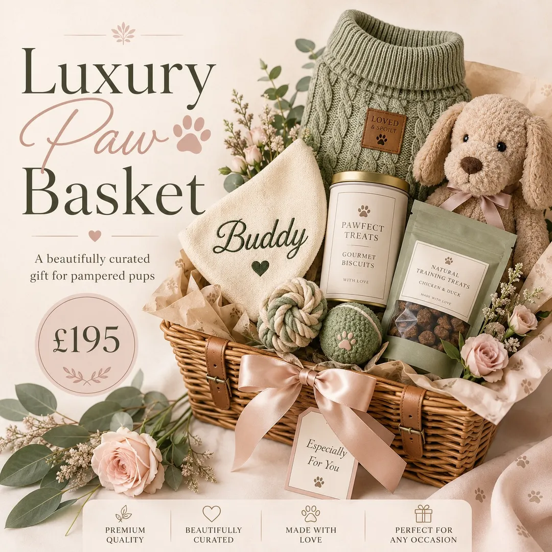 Luxury Paw Basket - a jumper, plush toy, gourmet treats and flowers