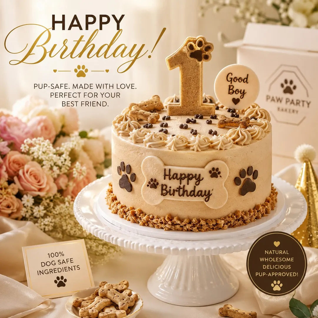 A pup-safe birthday cake with a number candle and Happy Birthday plaque