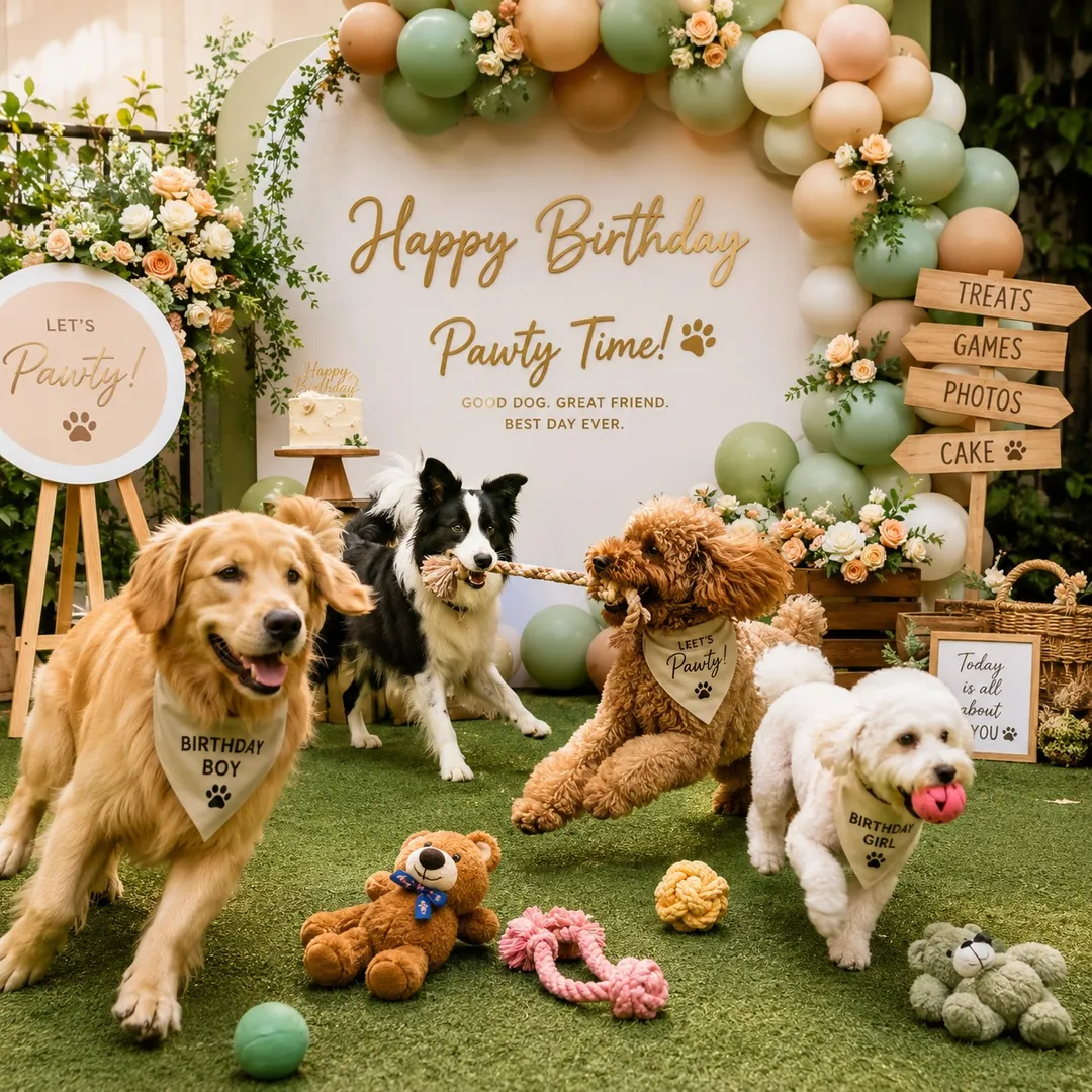 Four dogs in party bandanas playing with toys in front of a balloon-arch happy-birthday backdrop
