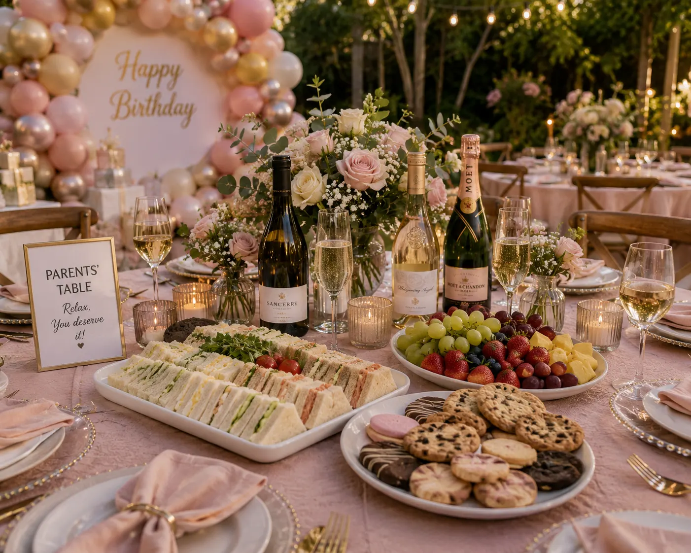 An elegant grown-ups' table with sandwiches, cookies, fruit and sparkling wine