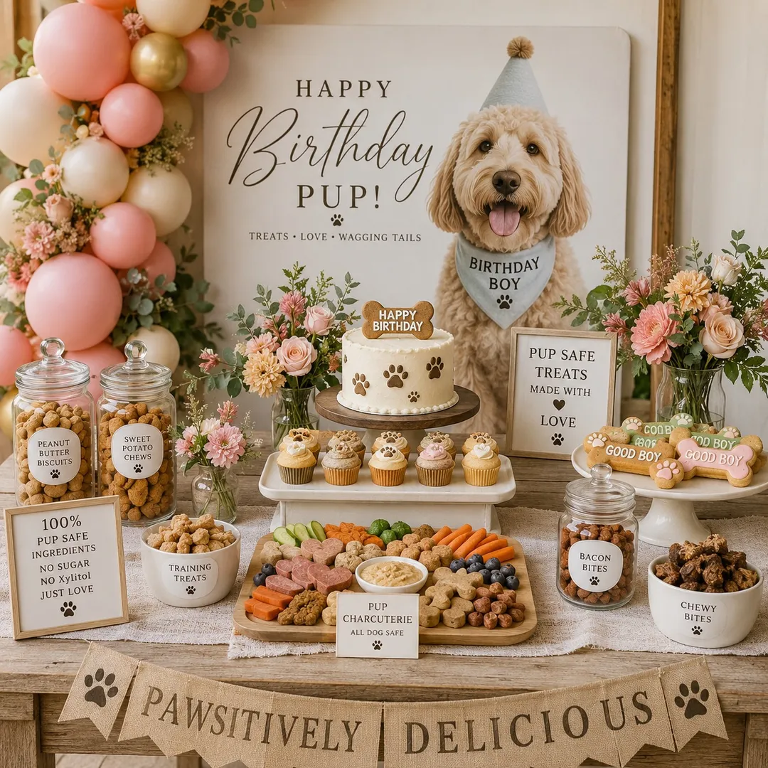A pup-safe treat and dessert table with pupcakes, biscuits, a dog charcuterie board and a happy-birthday backdrop